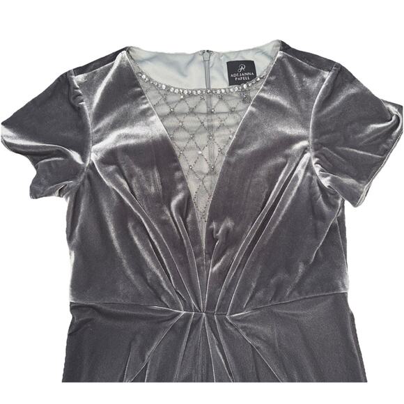 Adrianna Papell Gray Velvet Cocktail Dress Size 4 Illusion V Holiday Party - Picture 5 of 9